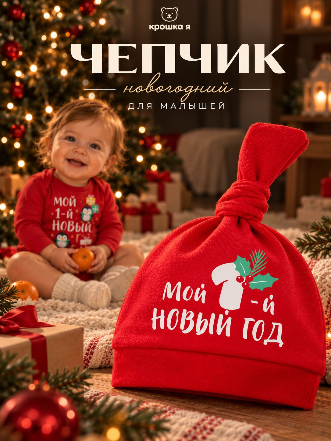 Шапочка детская Крошка Я Мой первый Новый год , чепчик для малыша, красная, размер 44