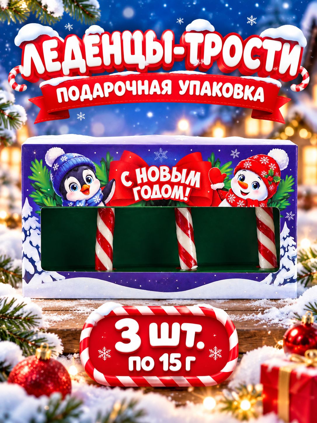 Леденцовые трости новогодние С новым годом! , 3 шт.