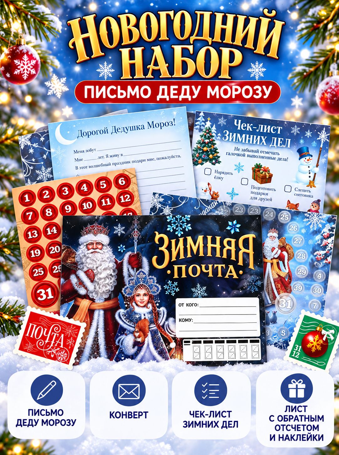 Письмо Деду Морозу, с наклейками, чек лист и задания Зимняя почта