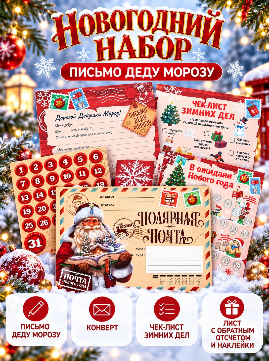 Письмо Деду Морозу, с наклейками, чек лист и задания Полярная почта