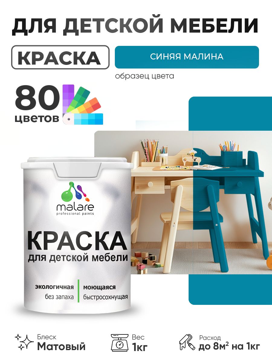 Акриловая краска Malare для детской мебели для кухонных фасадов, мебели из дерева, моющаяся, быстросохнущая без запаха матовая, синяя малина, 1 кг