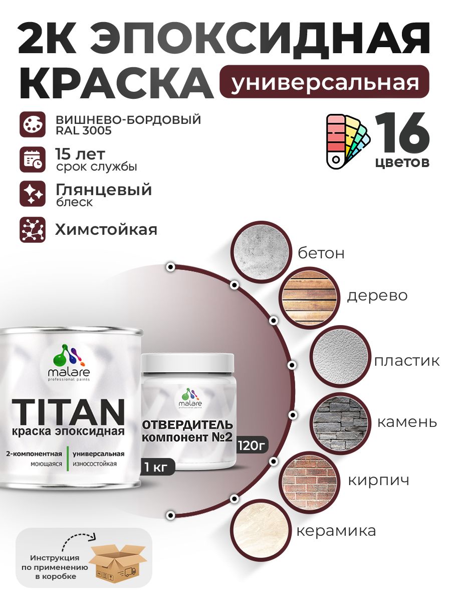 2К Эпоксидная краска Malare TITAN универсальная, двухкомпонентная влагостойкая высокопрочная износостойкая, RAL 3005 вишнево-бордовый, глянцевая, (1 кг + 0,12кг отвердитель)