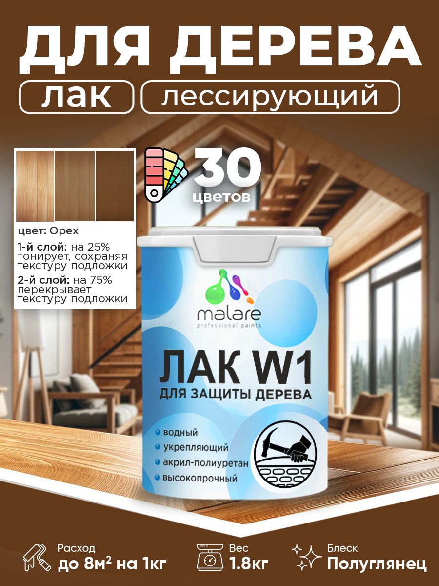 Лак колерованный тонирующий для дерева Malare W1 для деревянных и минеральных поверхностей, моющийся без запаха быстросохнущий, полуглянцевый, орех, 1.8 кг.