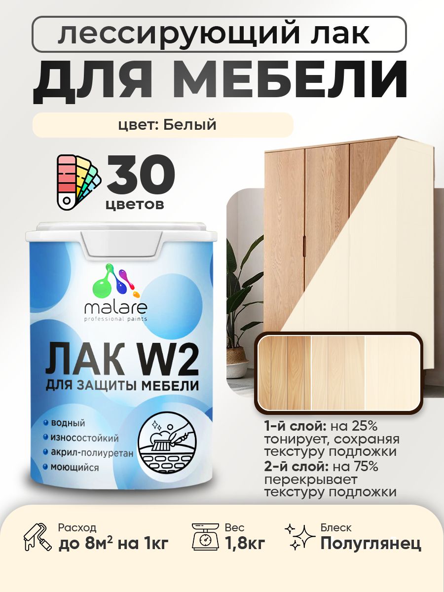 Лак колерованный тонирующий лак для мебели Malare W2 для кухонных фасадов, для дерева и минеральных поверхностей, акриловый быстросохнущий без запаха, полуглянцевый, белый, 1.8 кг.