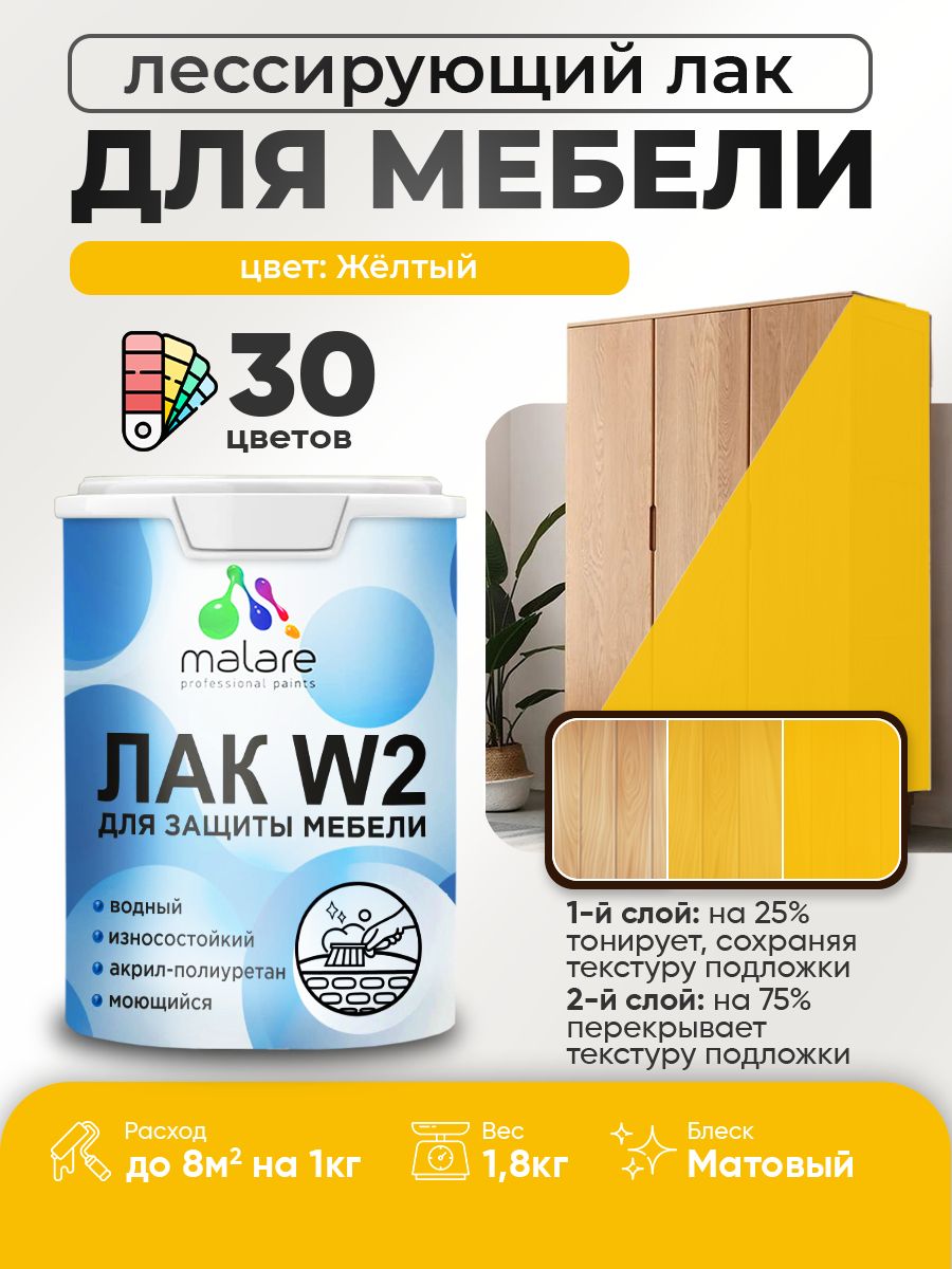Лак колерованный тонирующий лак для мебели Malare W2 для кухонных фасадов, для дерева и минеральных поверхностей, акриловый быстросохнущий без запаха, матовый, желтый, 1.8 кг.
