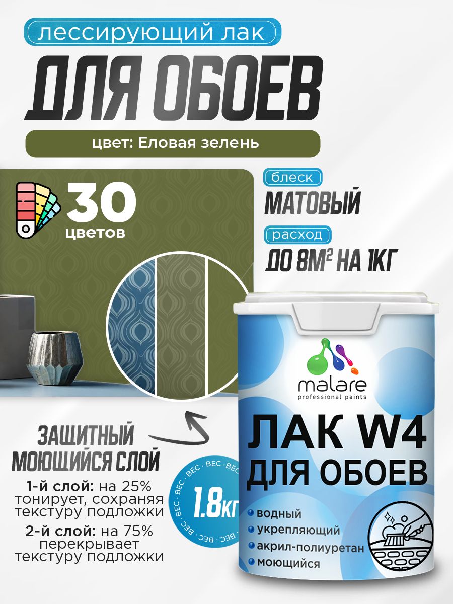 Лак колерованный тонирующий для защиты обоев Malare W4 универсальный для дерева и минеральных поверхностей, водный без запаха быстросохнущий, матовый, еловая зелень, 1.8 кг.
