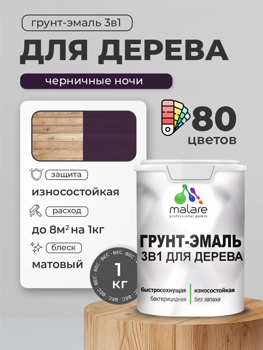 Акриловая Грунт-Эмаль 3 в 1 Malare для деревянных поверхностей с антисептическим эффектом, быстросохнущая, моющаяся без запаха матовая, черничные ночи, 1 кг