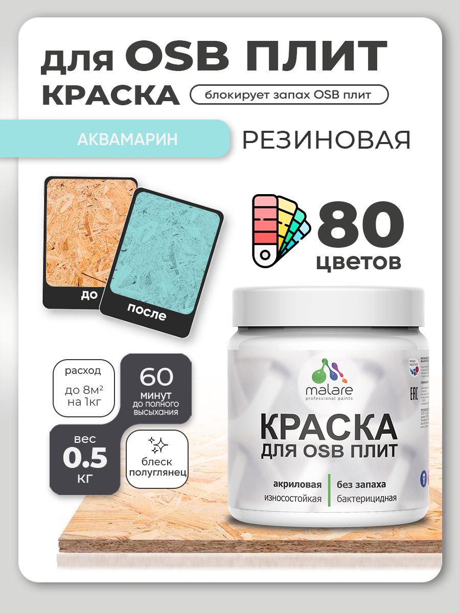 Резиновая краска для ОСБ плит Malare акриловая краска для дерева для наружных и внутренних работ, быстросохнущая без запаха полуглянцевая, аквамарин, 0.5 кг