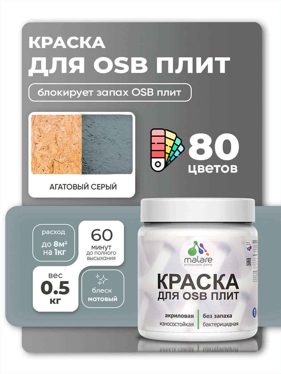 Акриловая краска для ОСБ плит Malare для дерева для наружных и внутренних работ, быстросохнущая без запаха матовая, агатовый серый, 0.5 кг