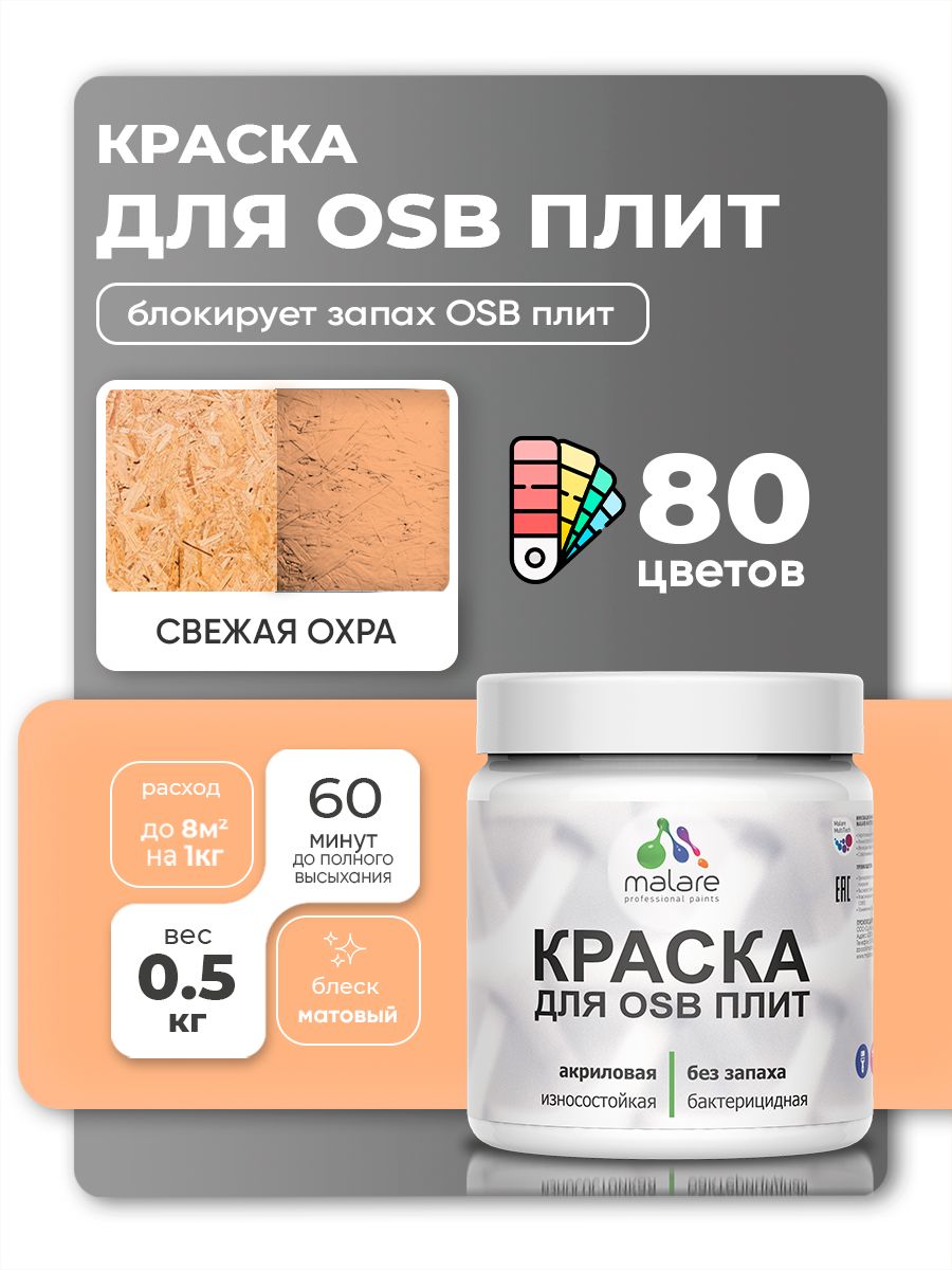 Акриловая краска для ОСБ плит Malare для дерева для наружных и внутренних работ, быстросохнущая без запаха матовая, свежая охра, 0.5 кг