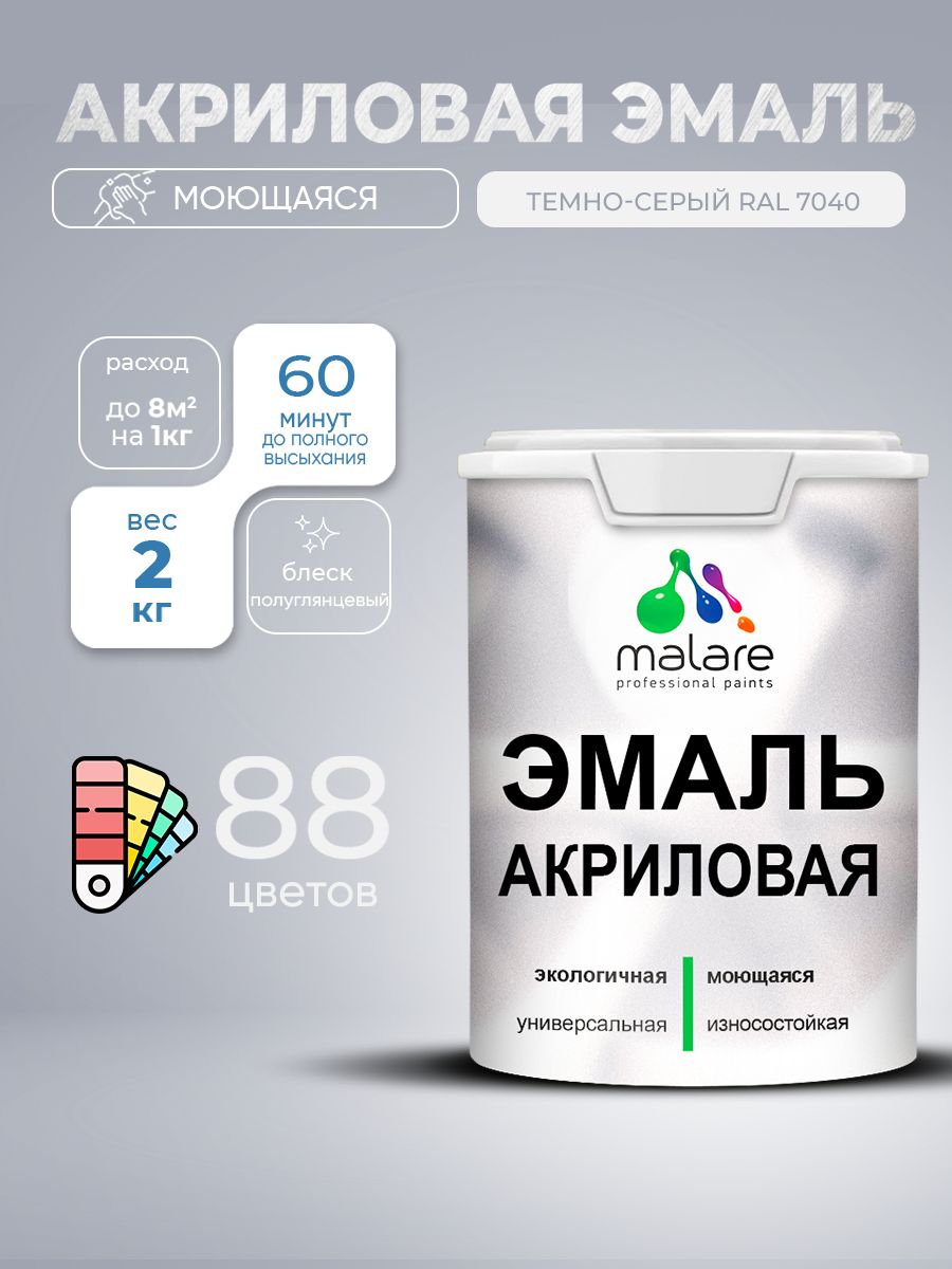 Акриловая эмаль Malare моющаяся для деревянных и минеральных поверхностей, для внутренних и наружных работ, без запаха быстросохнущая, полуглянцевая, темно-серая, 2 кг