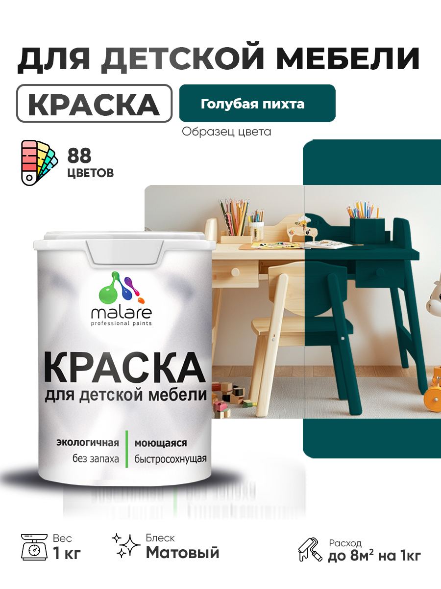 Акриловая краска Malare для детской мебели для кухонных фасадов, мебели из дерева, моющаяся, быстросохнущая без запаха матовая, голубая пихта, 1 кг