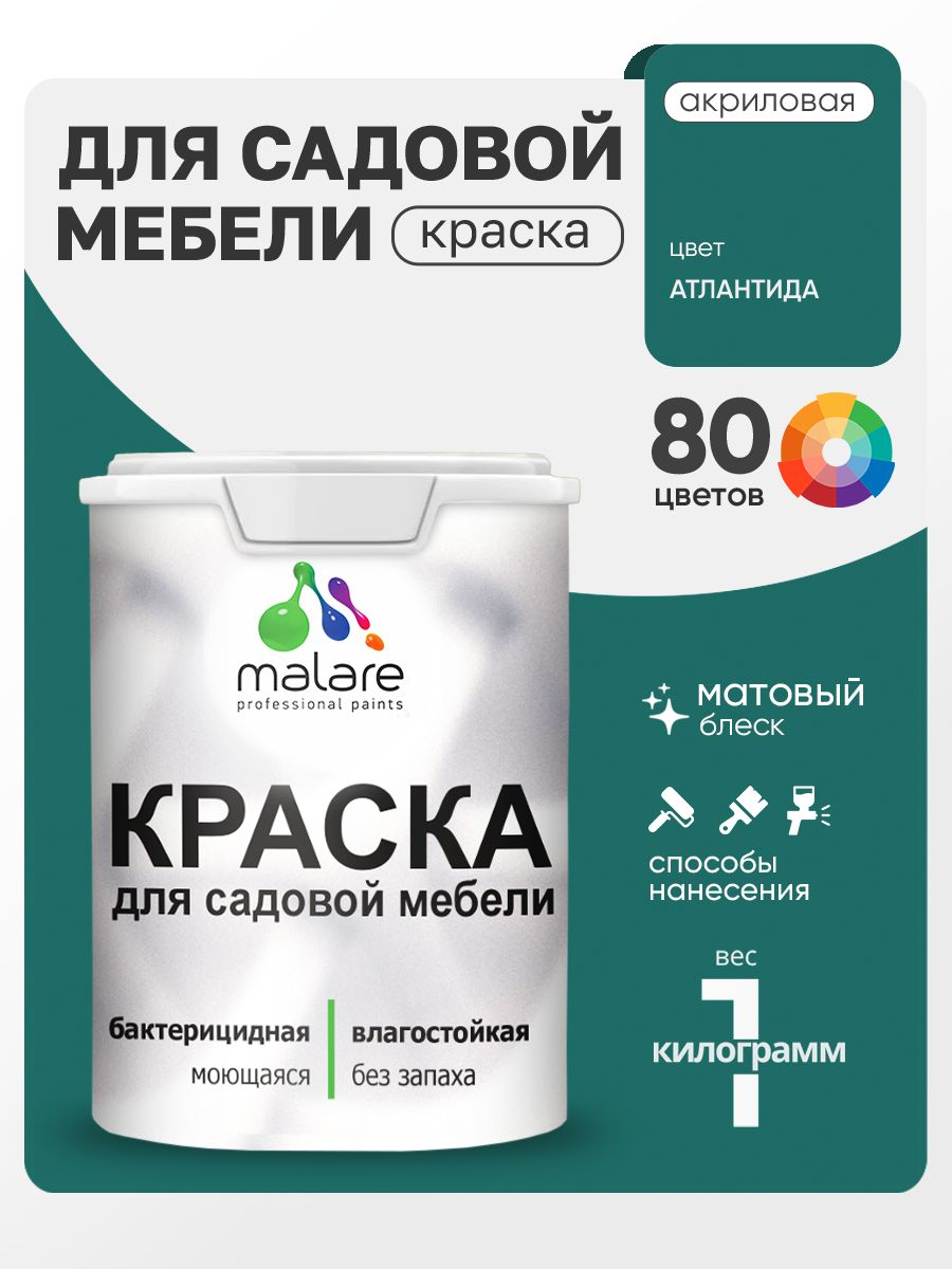 Акриловая краска Malare для садовой мебели/ по дереву, для наружных и внутренних работ/ быстросохнущая моющаяся без запаха матовая, атлантида, 1 кг
