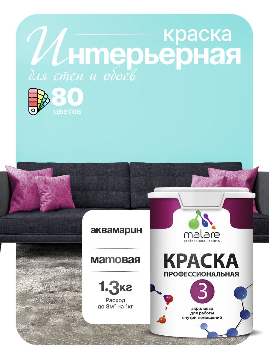 Краска Malare Professional Euro №3 интерьерная для стен и обоев, для потолка, акриловая, быстросохнущая, без запаха, матовая, аквамарин, (1л - 1.3кг)