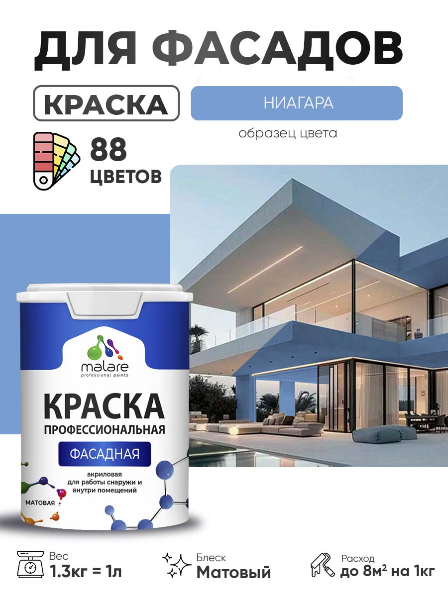 Краска фасадная для наружных работ Malare Professional для дерева по бетону, для минеральных поверхностей, акриловая быстросохнущая без запаха, матовая, ниагара, (1л - 1.3кг)