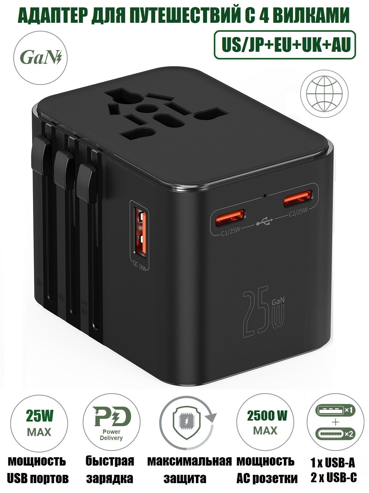 УниверсальныйGaNпереходникдлярозетокивилок2xUSB-C+1xUSB-APDPPS25ВтEUUKUSAU