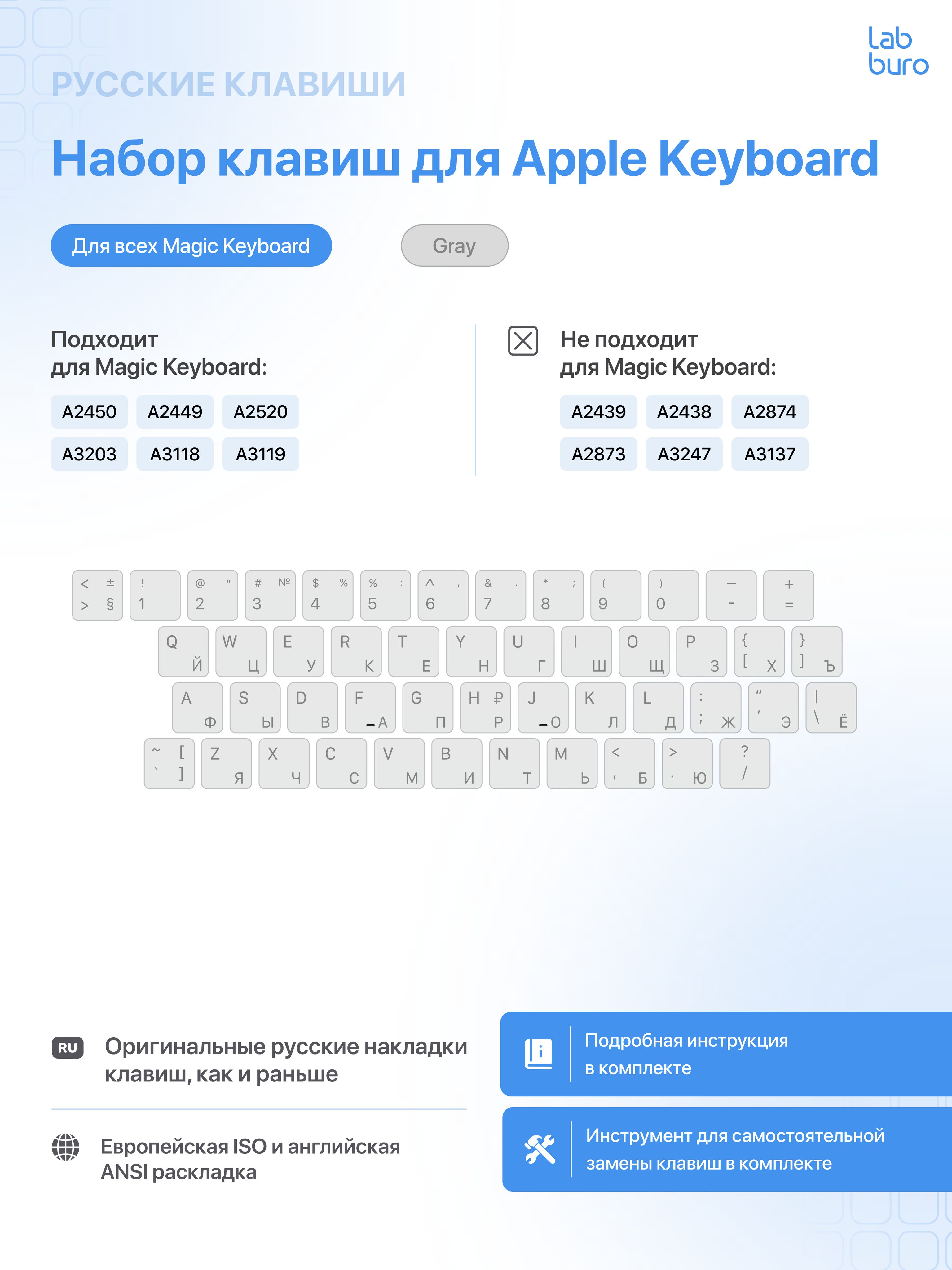 Наборклавиш/кейкапы/кнопкидляMagicKeyboard/Европейскаяраскладка/Серый