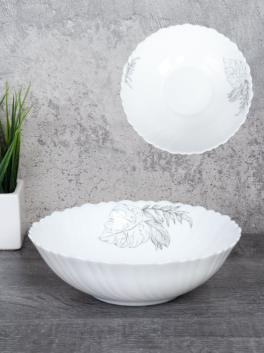 Салатник WHITE LILY глубокий Листья графика , 650 мл, диаметр 17,5 см, стеклокерамика — фото 2