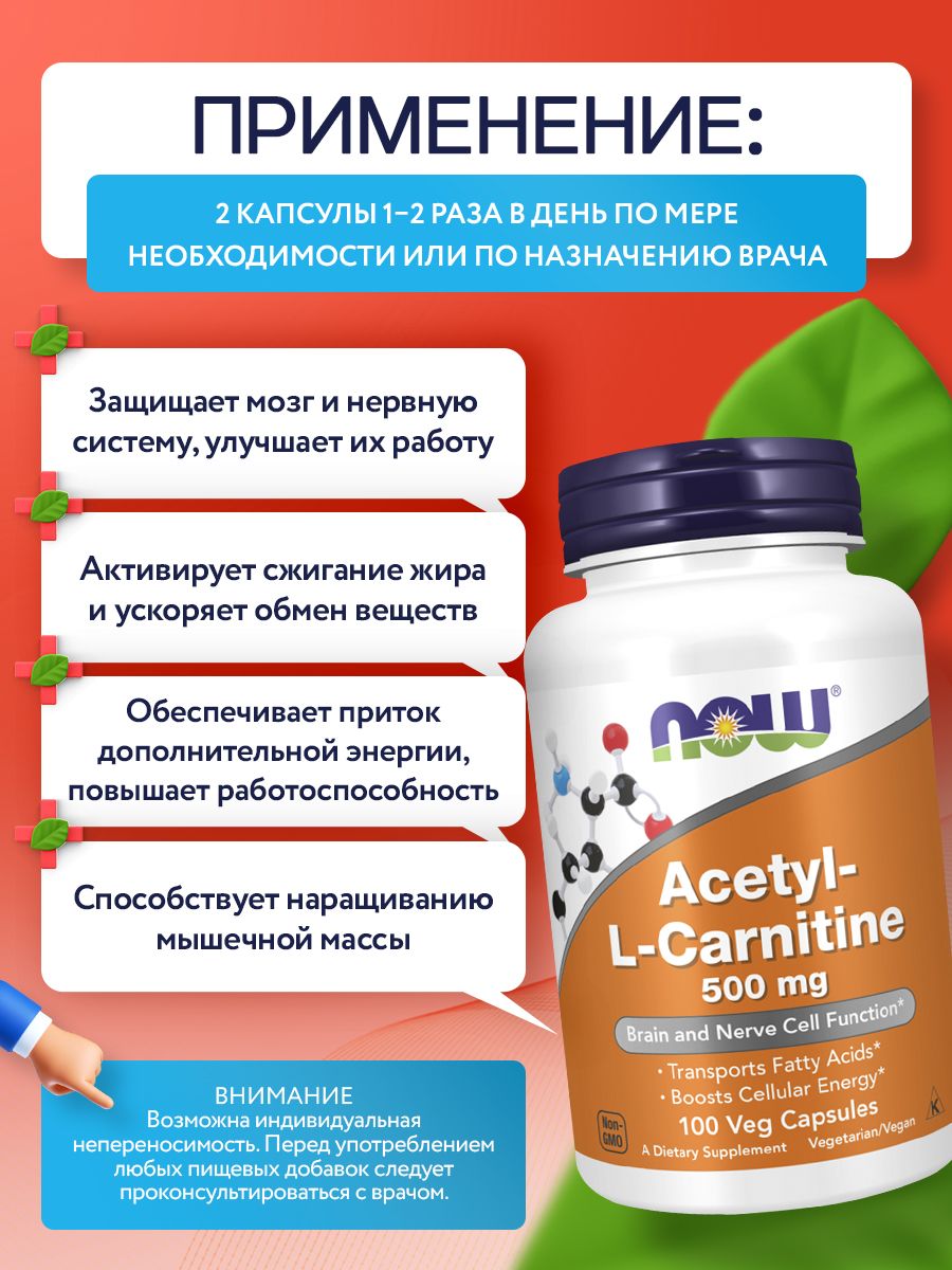 Now, Acetyl L-Carnitine 500 mg 100 капс