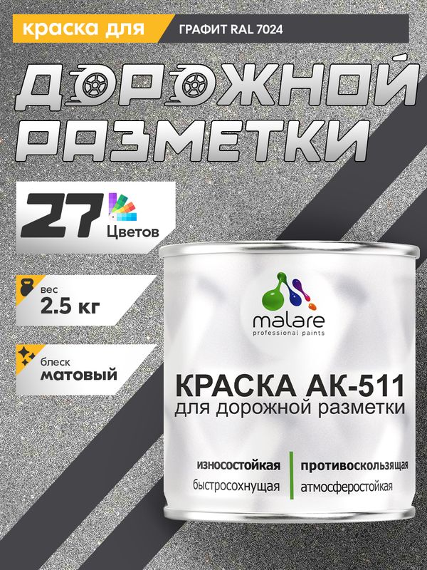 Дорожная краска АК-511 Malare для дорожной разметки, краска для пола по бетону, износостойкая, быстросохнущая, матовая RAL 7024, графитово-серый(темный), 2,5 кг