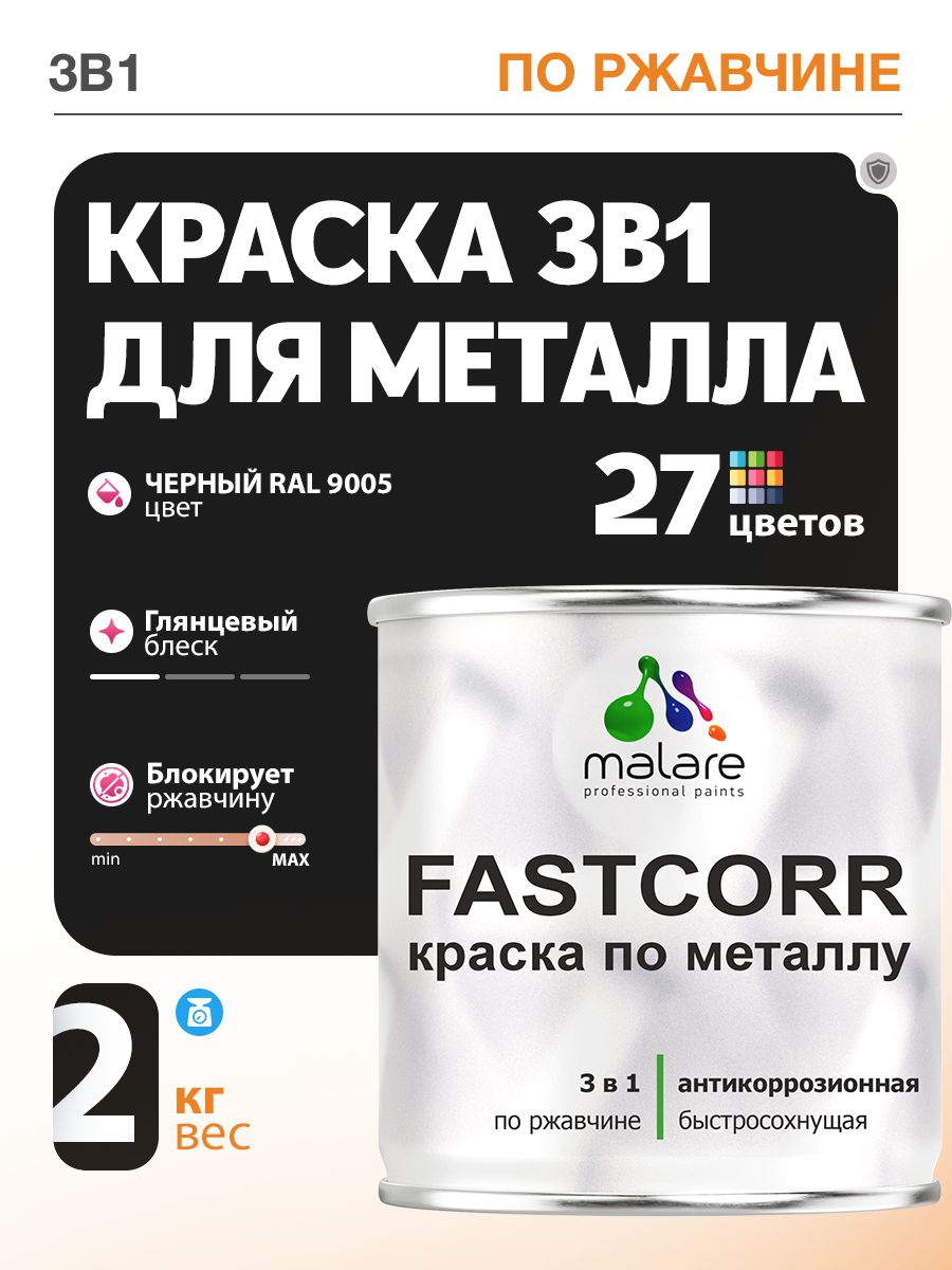 Краска для металла по ржавчине Malare FastCorr, для наружных работ износостойкая, быстросохнущая RAL 9005 черный, глянцевая, 2 кг
