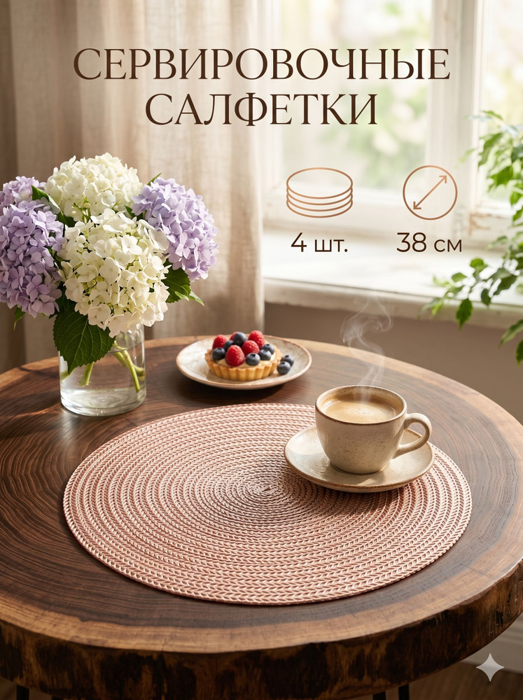 4 шт Салфетка для сервировки стола 38*38 круглые розовое золото / сервировочные плейсматы на стол 4 шт. #1