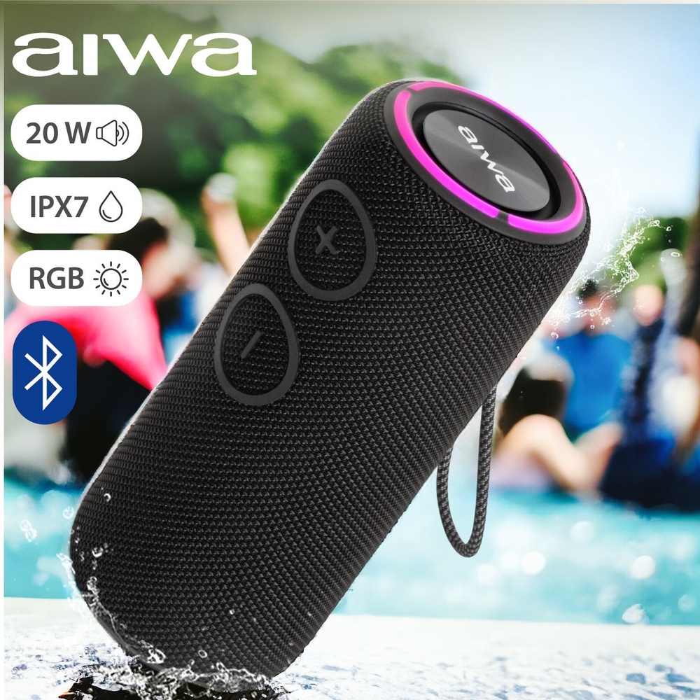 Беспроводная колонка AIWA с водозащитой и TWS (сопряжение 2х для стерео), с  Bluetooth, AUX, TF-card и RGB подсветкой, арт. PAS-H200 black, 20 Вт