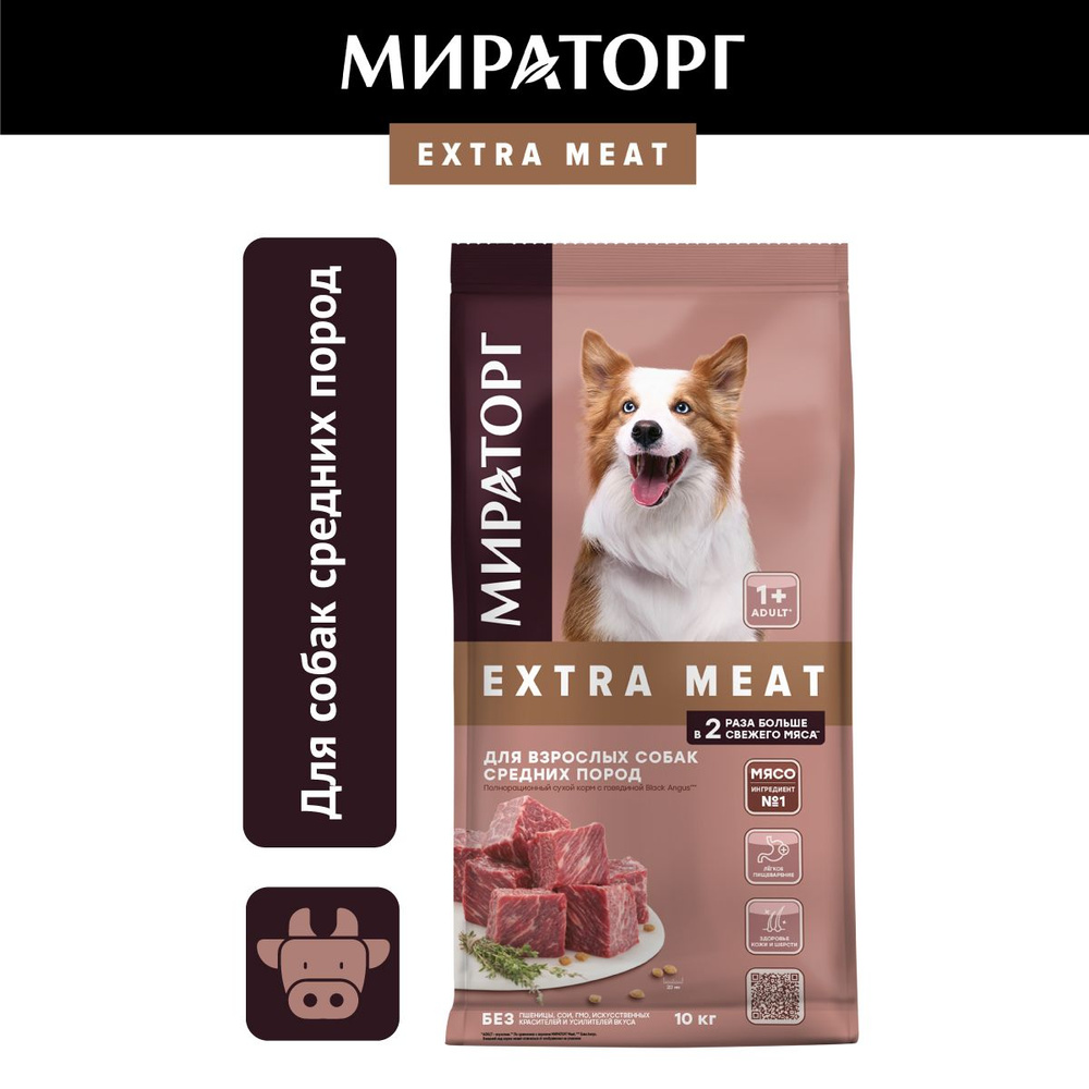 Сухой корм Мираторг EXTRA MEAT с говядиной Black Angus для собак средних  пород 1+, 10кг - купить с доставкой по выгодным ценам в интернет-магазине  OZON (431298725)