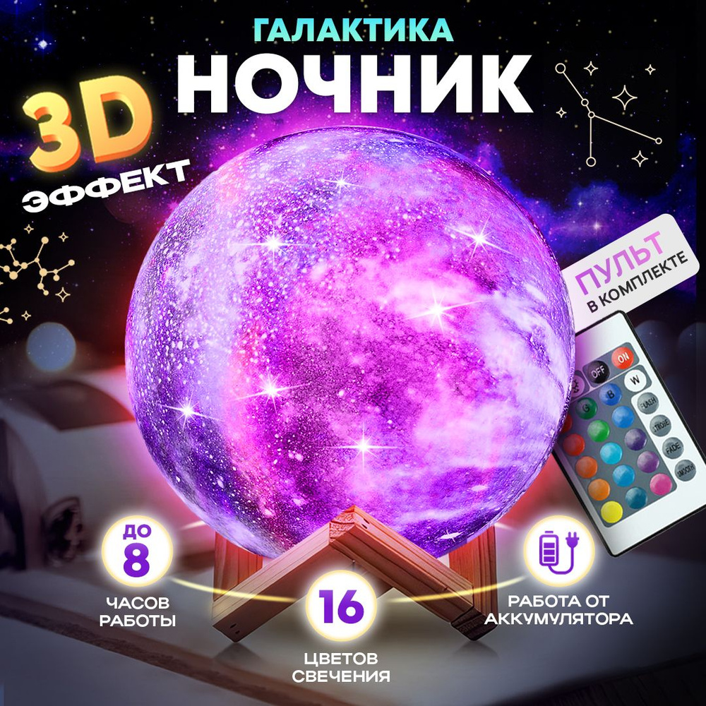 Ночник Луна 3D сенсорный с пультом, светильник планета на подставке, 16  режимов, 15*15 см