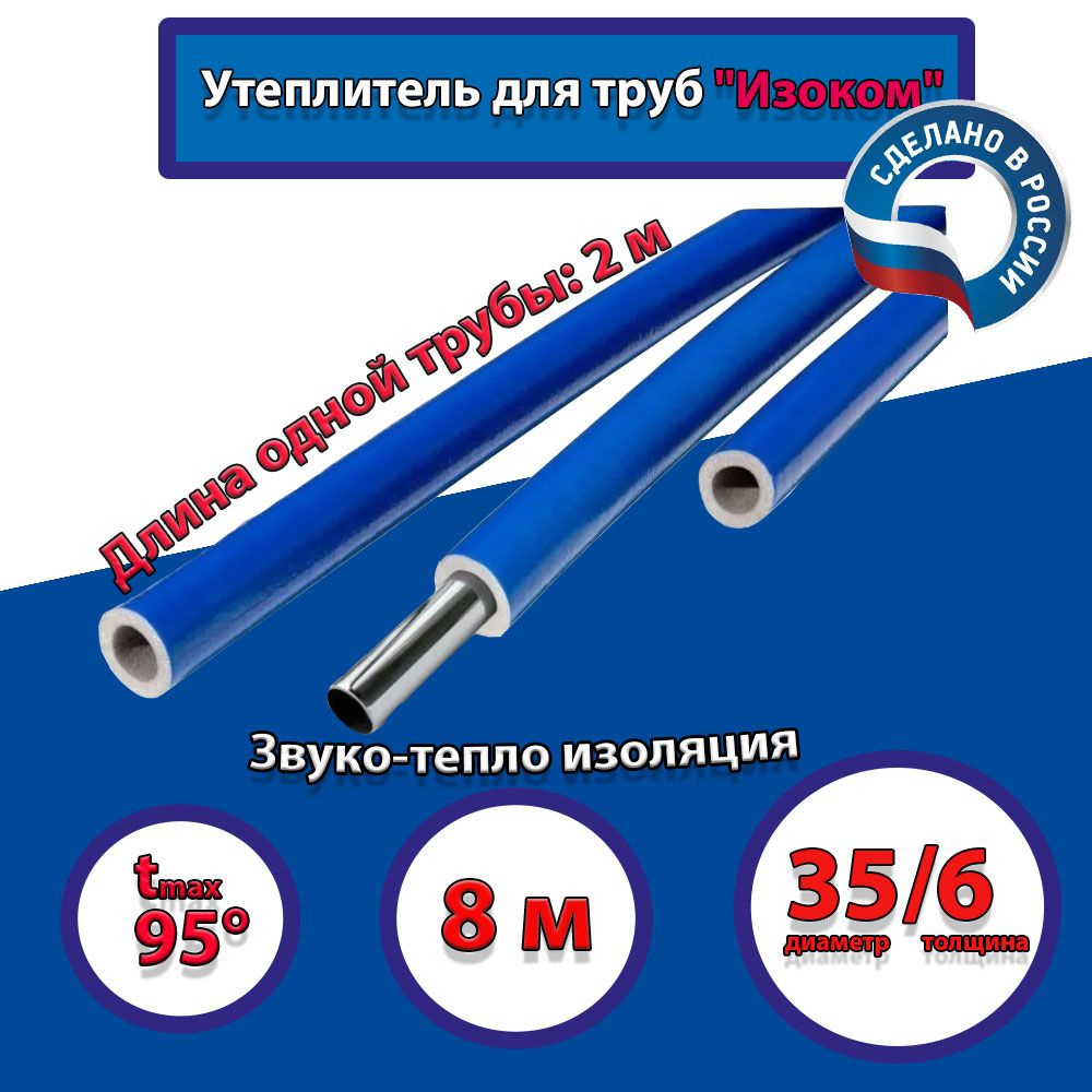 Утеплитель для труб "Изоком" 35/6 синий (по 2 м)-8м/трубка пенополиэтиленовая изоляционная  #1