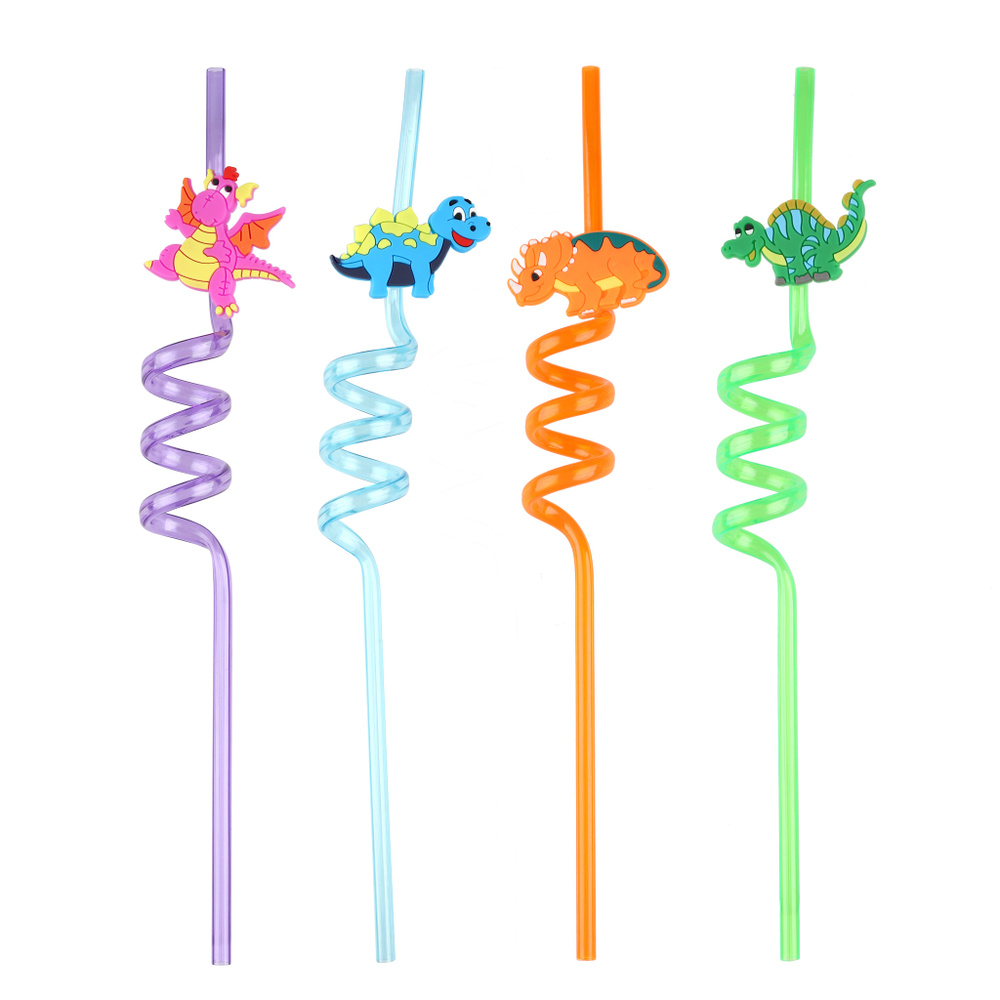Трубочки для коктейлей (пластик), Веселые динозавры, Разноцветный, 4 шт.  #1