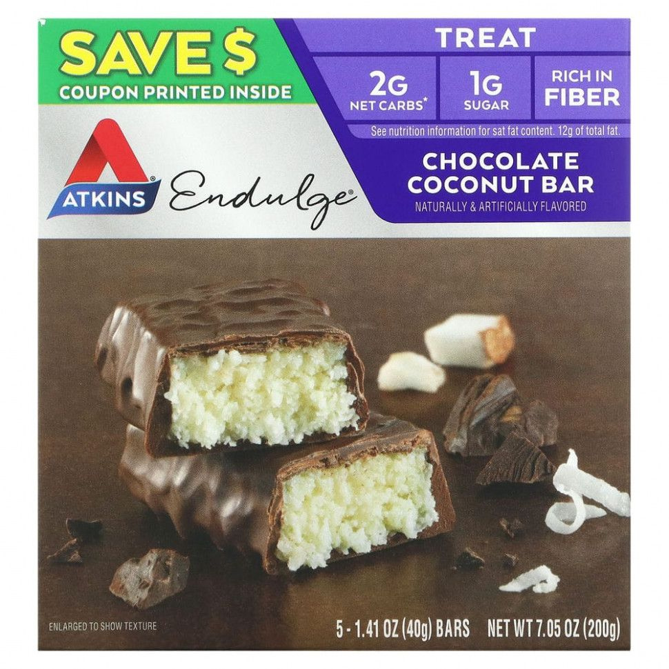 Atkins, Endulge, шоколадные батончики с кокосом, 5 батончиков, 40 г каждый  #1
