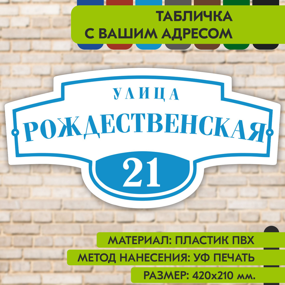 Адресная табличка на дом "Домовой знак" бело-голубая, 420х210 мм., из пластика, УФ печать не выгорает #1