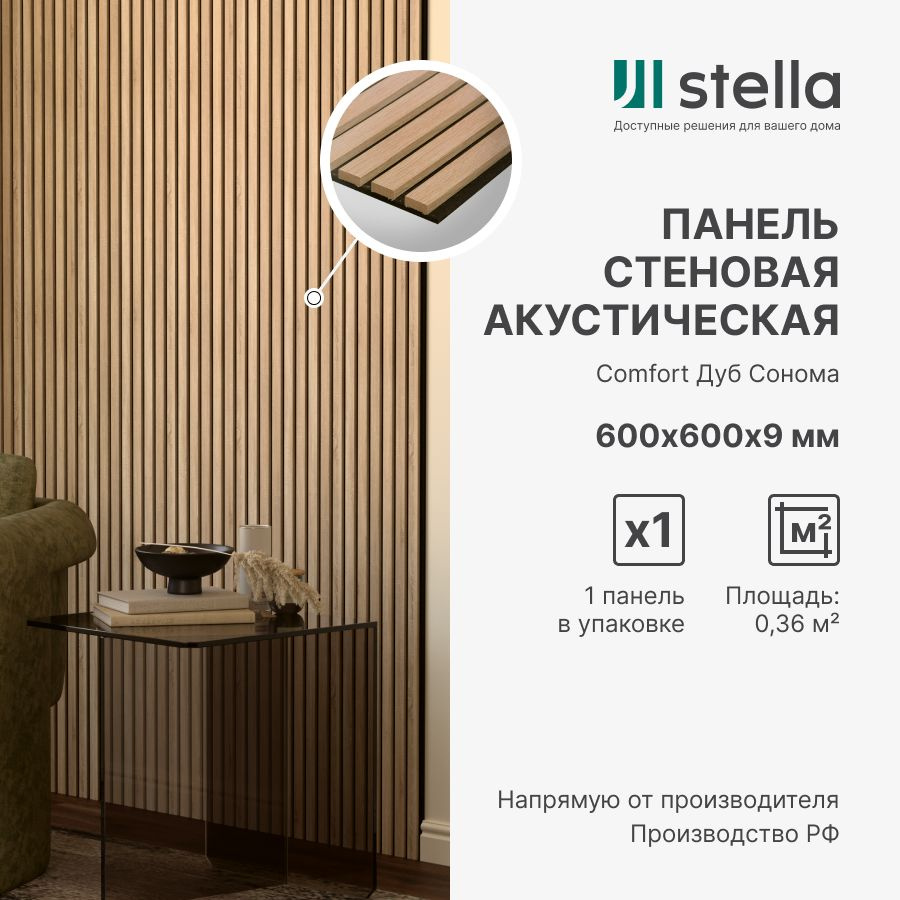 Stella Панель стеновая с рейками акустическая с 3D эффектом; Коллекция:  Standart Comfort 9 Цвет: Дуб Сонома 600х600х9 мм (упаковка 1 штука)