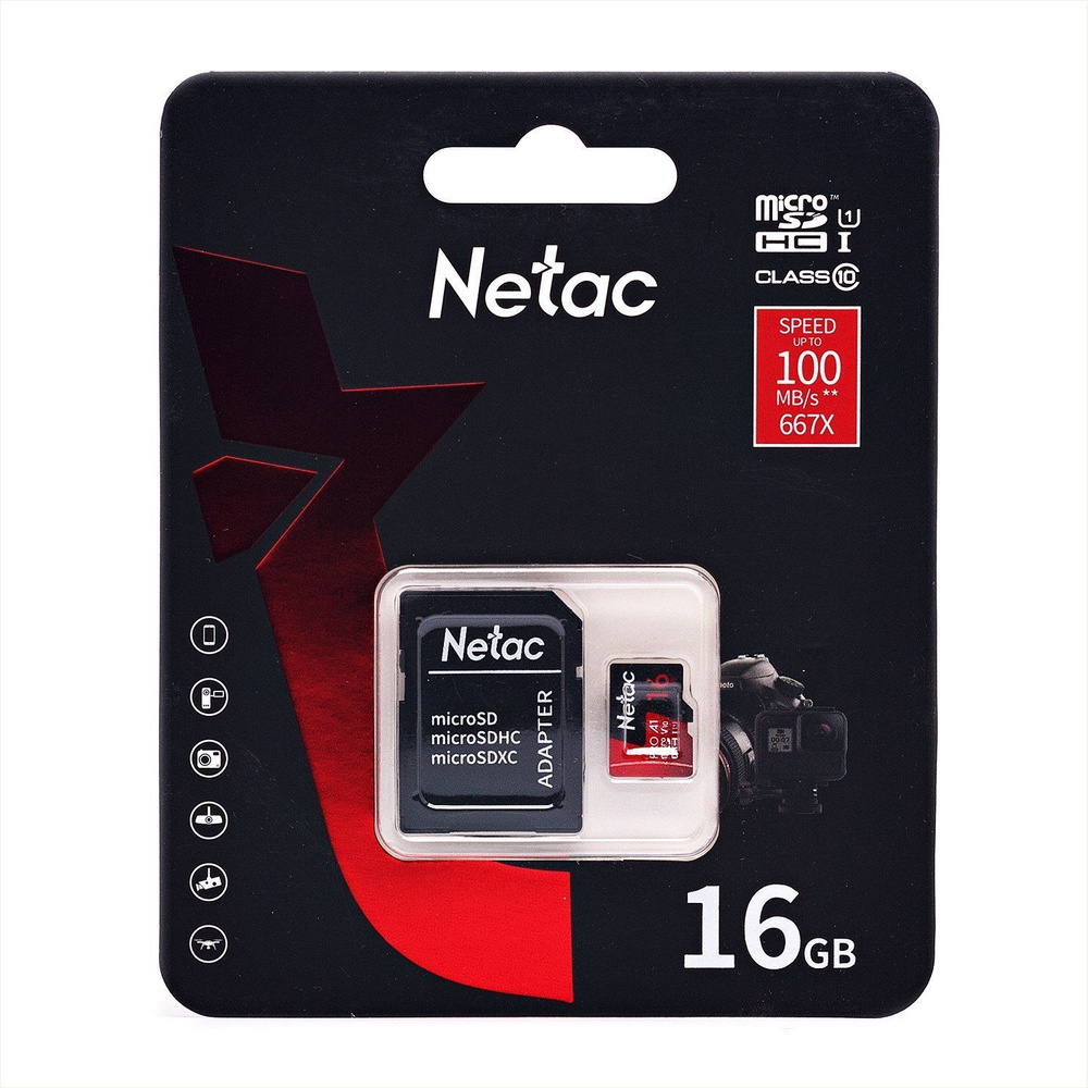Карта памяти Netac P500 Extreme Pro UHS-I MicroSD, 16 Гб, с SD ...