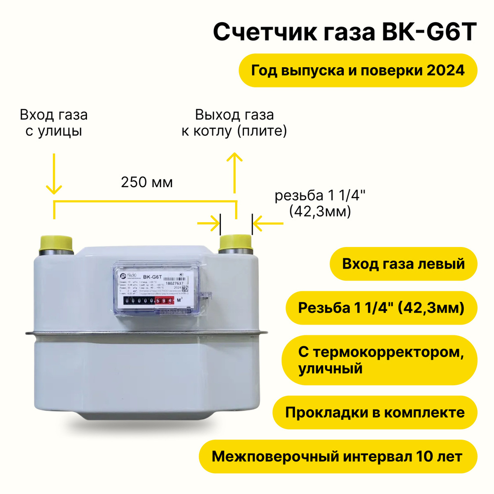 ВК-G6Т, УЛИЧНЫЙ с термокорректором (вход газа левый -->, 250мм, резьба 1 1/4", ПРОКЛАДКИ В КОМПЛЕКТЕ) #1