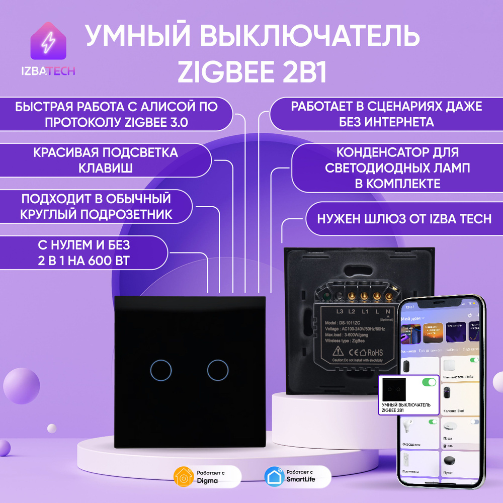 Умный выключатель Izba Tech, клавиш 2 шт, монтаж Скрытый - купить с  доставкой по выгодным ценам в интернет-магазине OZON (1391129979)