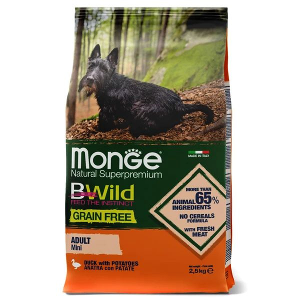 Сухой корм Monge Dog BWild GRAIN FREE Mini корм для взрослых собак мелких пород, беззерновой, из утки #1