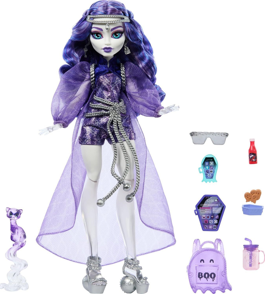 Кукла Monster High Spectra Vondergeist с домашним хорьком Руэном и аксессуарами, такими как рюкзак, планшет, #1