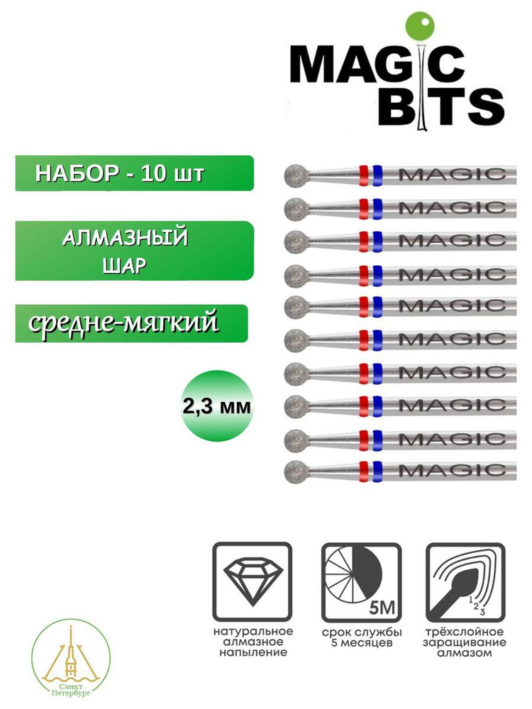 Набор фрез Алмазный шар 2,3 мм Средне-мягкий 10 шт #1
