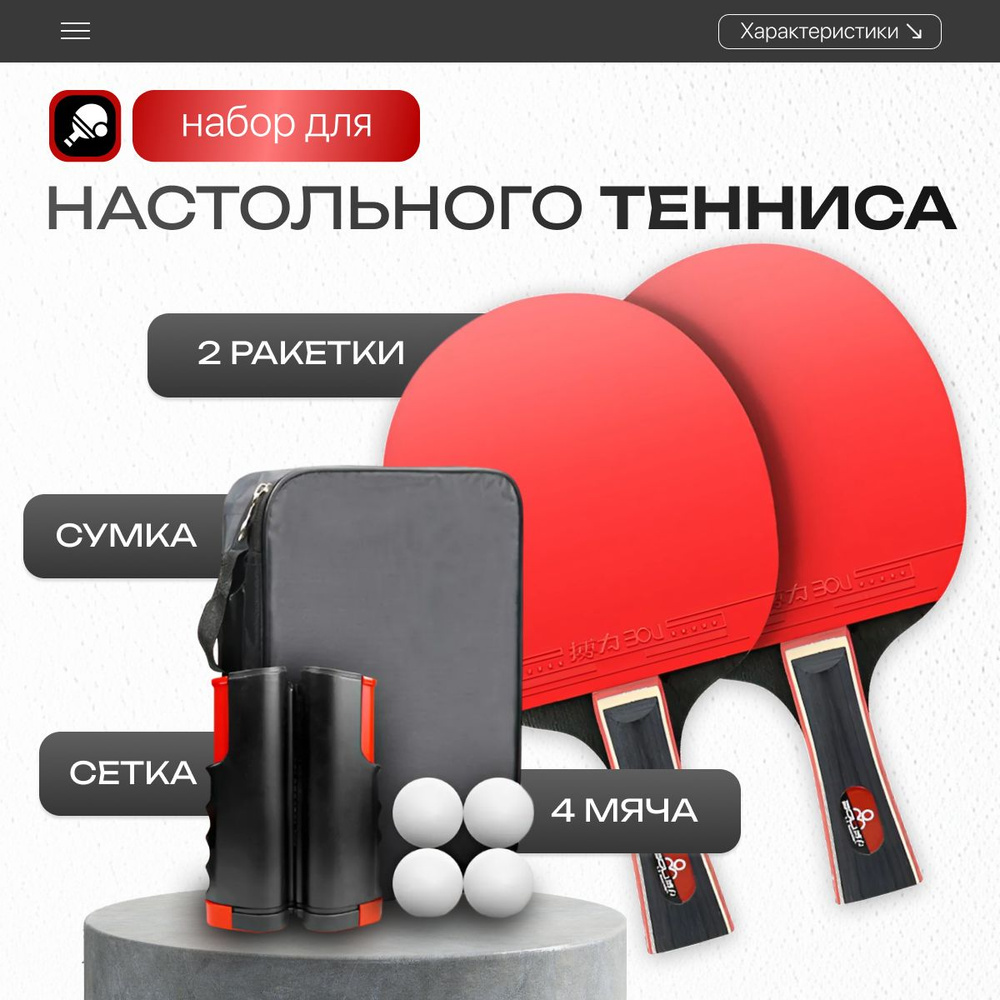 Набор для настольного тенниса, состав комплекта: 2 ракетки, 3 мяча, сетка с креплением  #1