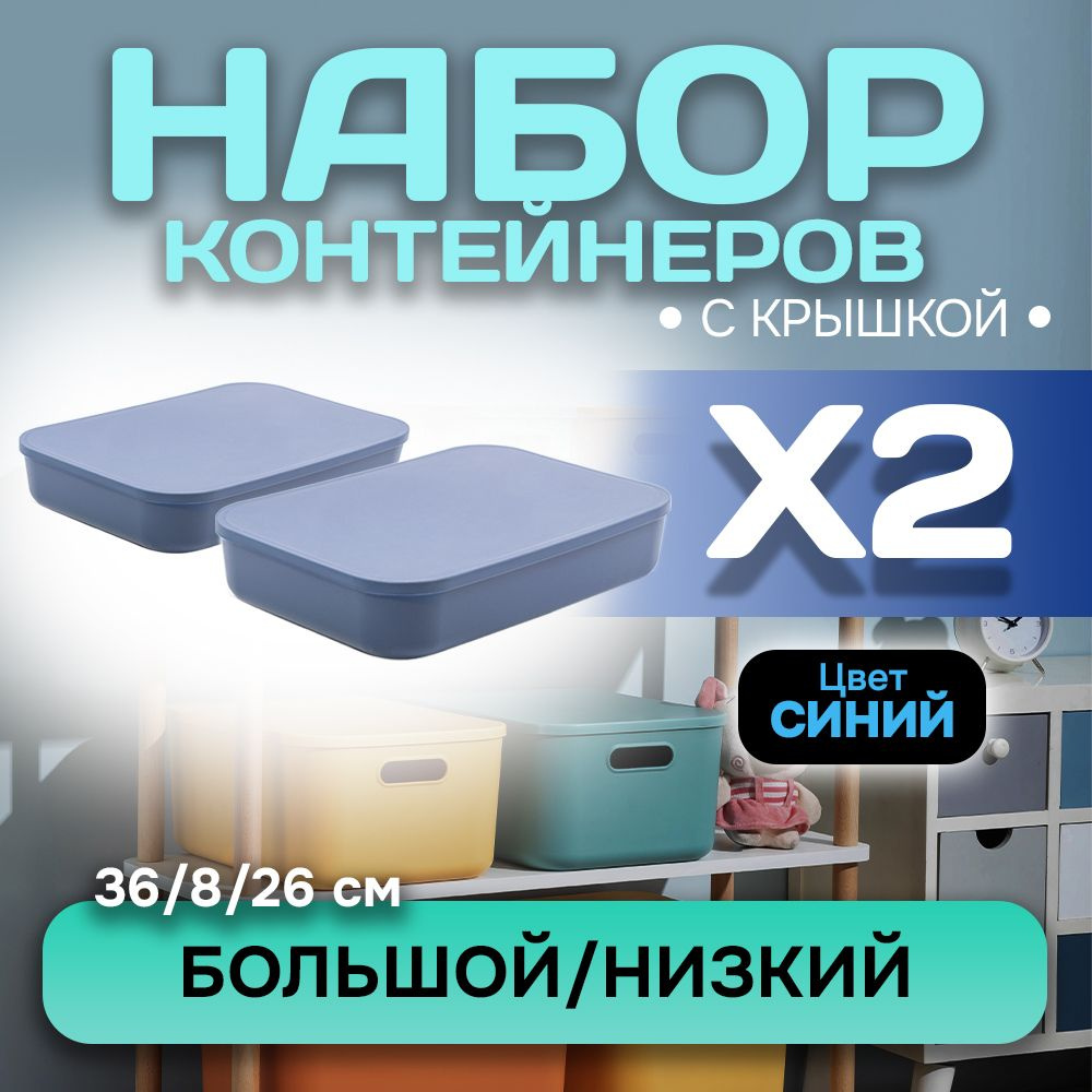 Набор из 2-х контейнеров с крышкой для хранения пластиковый цветной SH179 (синий низкий большой)  #1