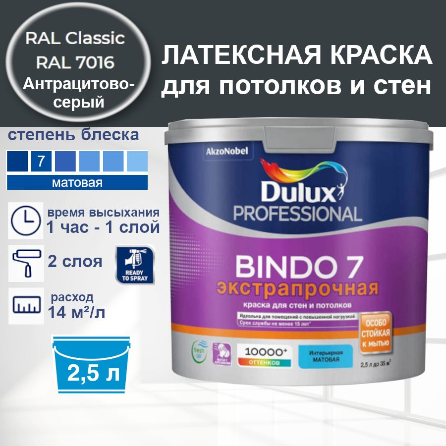 DULUX Краска Быстросохнущая, Моющаяся, Сополимерная дисперсия, Матовое покрытие, 2.25 л, темно-серый #1