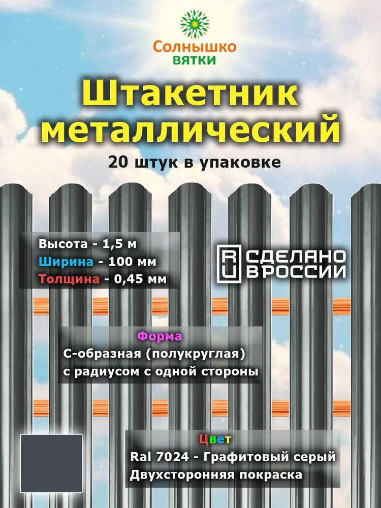 Металлический штакетник двухсторонний 1,5 м цвет: RAL 7024 Графитовый серый, 20 штук  #1