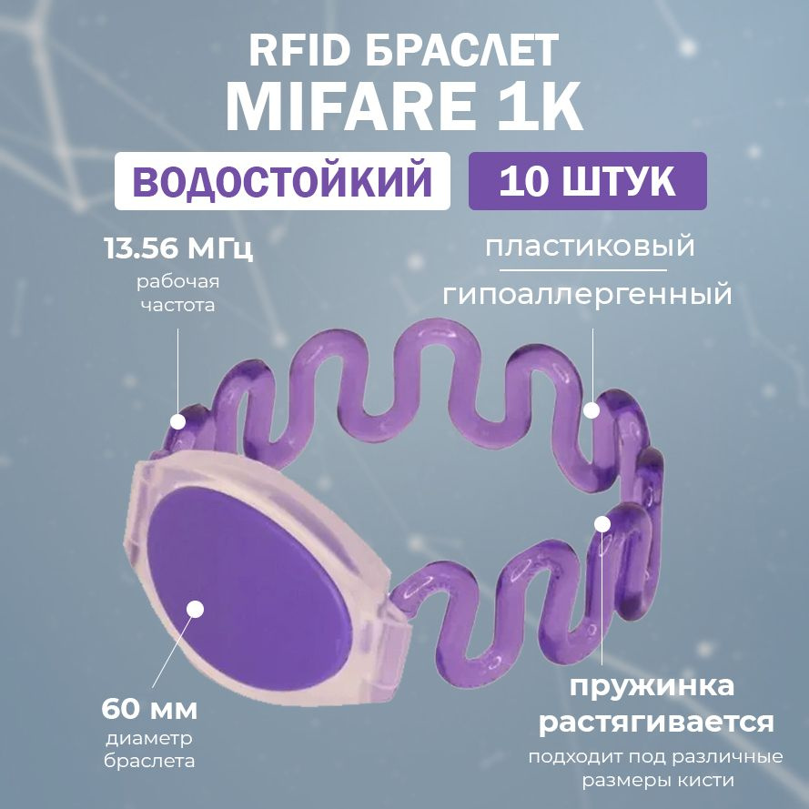 RFID браслет доступа MIFARE 1K пружинный "ЗМЕЙКА" (НЕПЕРЕЗАПИСЫВАЕМЫЙ) фиолетовый / упаковка 10 шт / #1