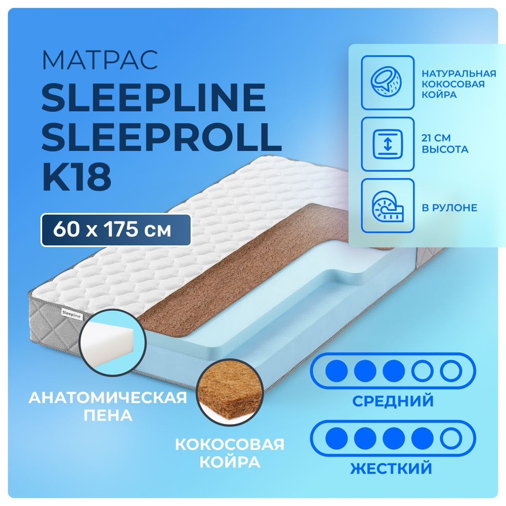 Матрас 60х175 Sleepline SleepRoll K18, беспружинный, двусторонний с разной жесткостью, жесткий, cредне-жёсткий, #1