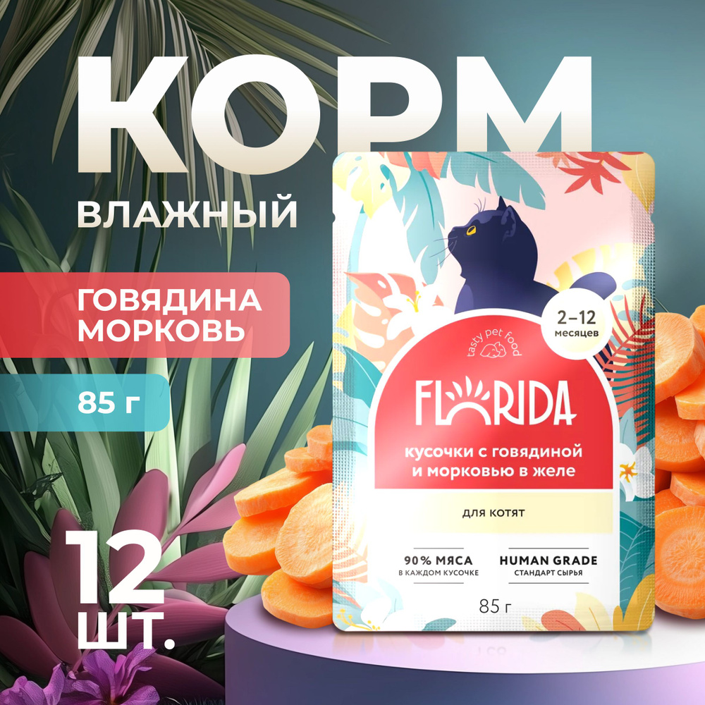 Набор.Влажный корм Florida пауч для котят кусочки с Говядиной и морковью в желе 85гХ12  #1