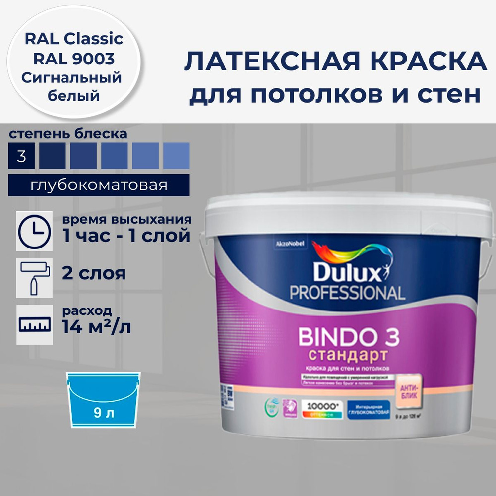 DULUX Краска Быстросохнущая, Моющаяся, Сополимерная дисперсия, Матовое покрытие, 9 л, белый  #1