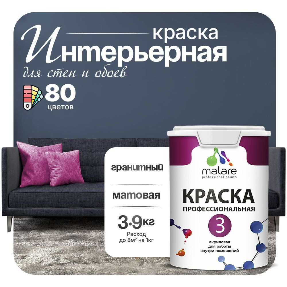 Краска Malare Professional Euro №3 интерьерная для стен и обоев, для потолка, акриловая, быстросохнущая, #1