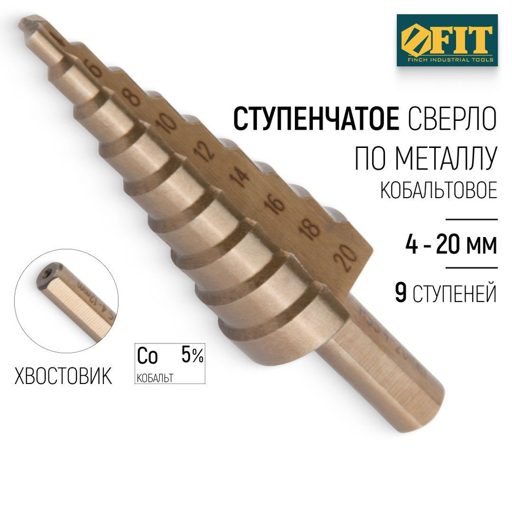 FIT Сверло ступенчатое по металлу 9 ступеней 4-20 мм кобальтовое HSS Р6М5К5  #1